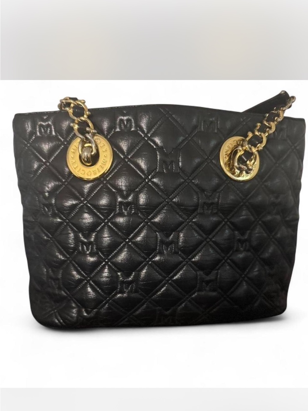 Metro City Black Quilted Leather Tote with Gold Chain straps. - Picture 3 of 10
